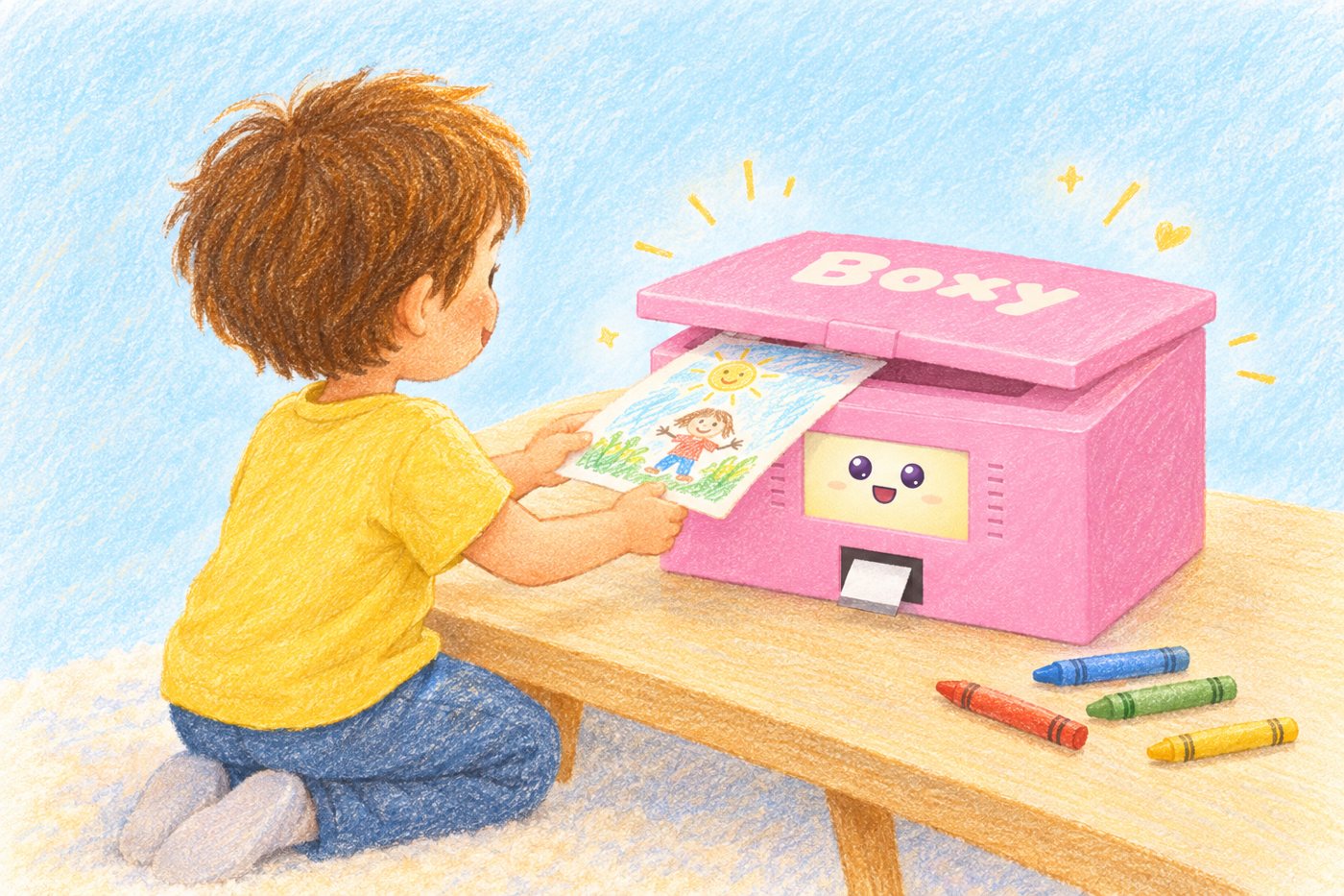 Illustration: a child kneeling at a play table slides their crayon drawing under the lid of Boxy, a pink box with a smiling face on its screen